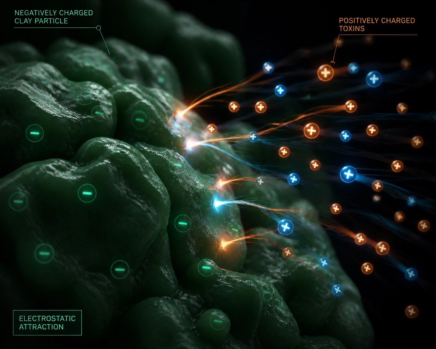 Microscopic view of green clay particles magnetically attracting toxins through a negative ionic charge.