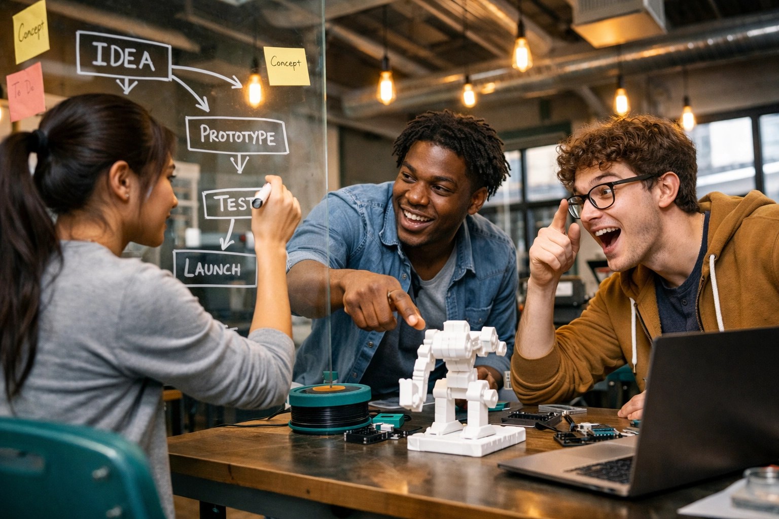 Diverse students collaborating in a campus innovation lab to solve problems and build real-world skills.