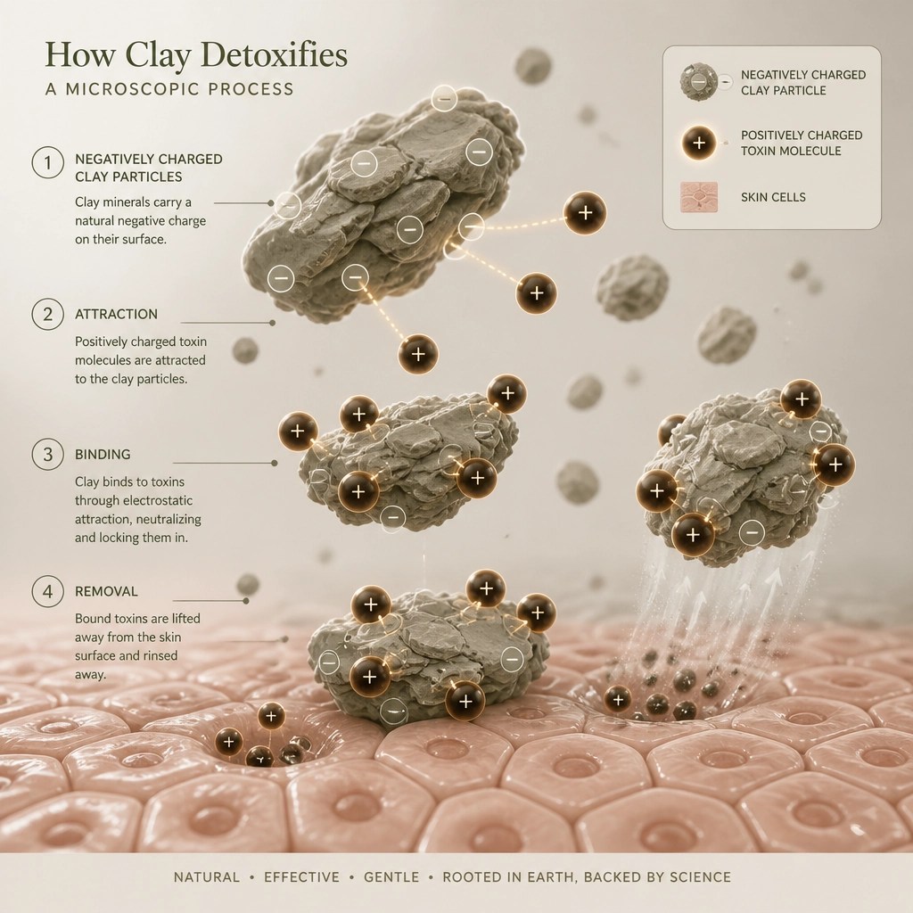 Microscopic conceptual illustration of clay particles binding to toxins