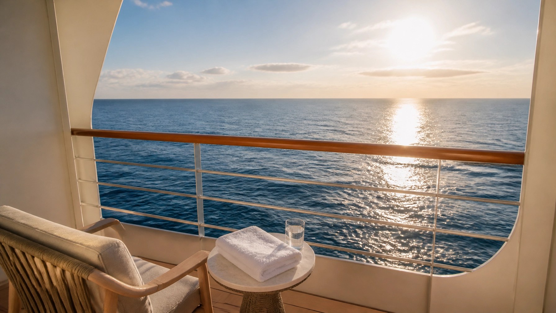 Elegant cruise ship suite with crisp bedding and a sunny ocean horizon