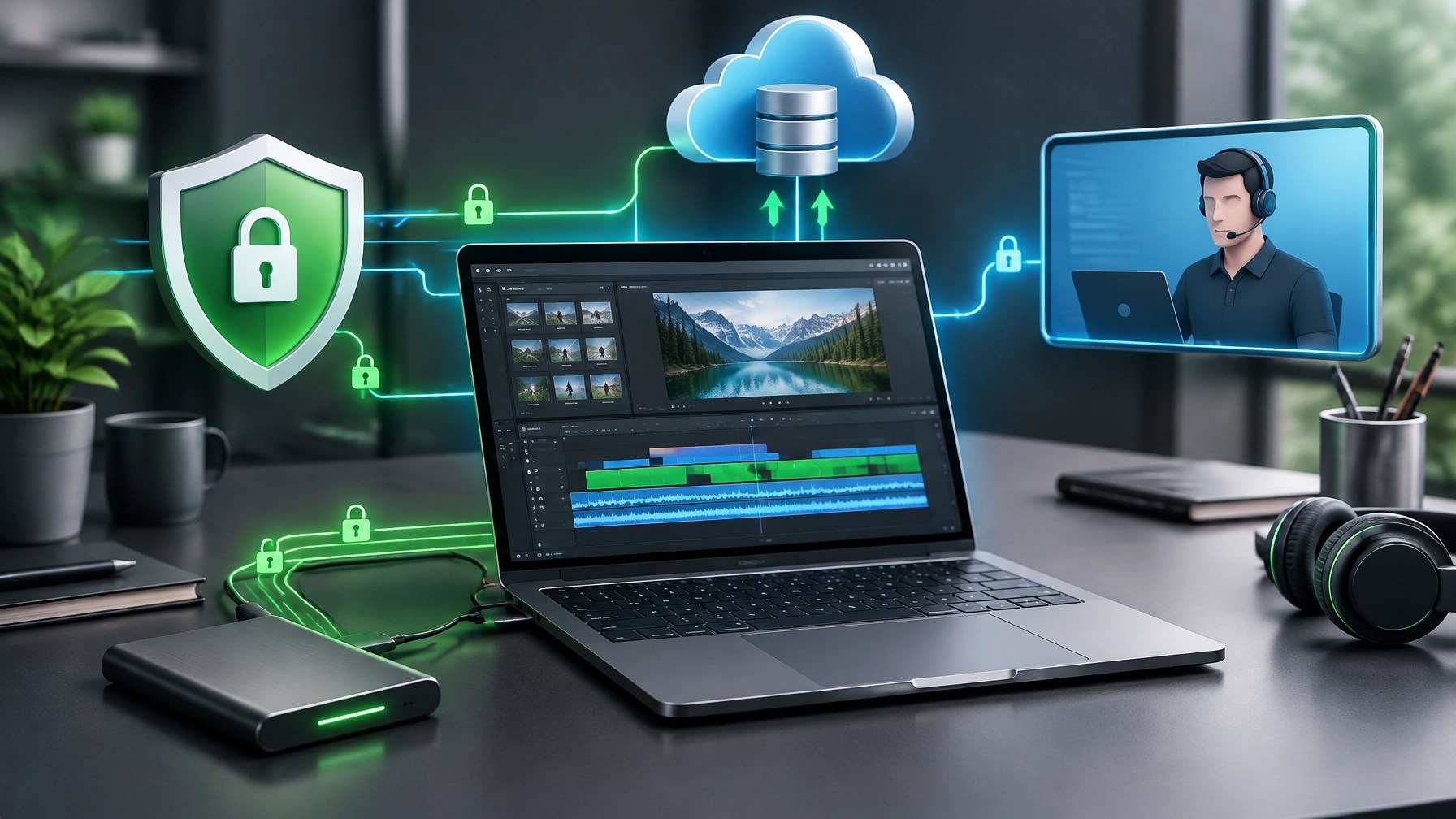 Secure remote IT support and optimized video-editing workstation with cloud backup and cybersecurity elements