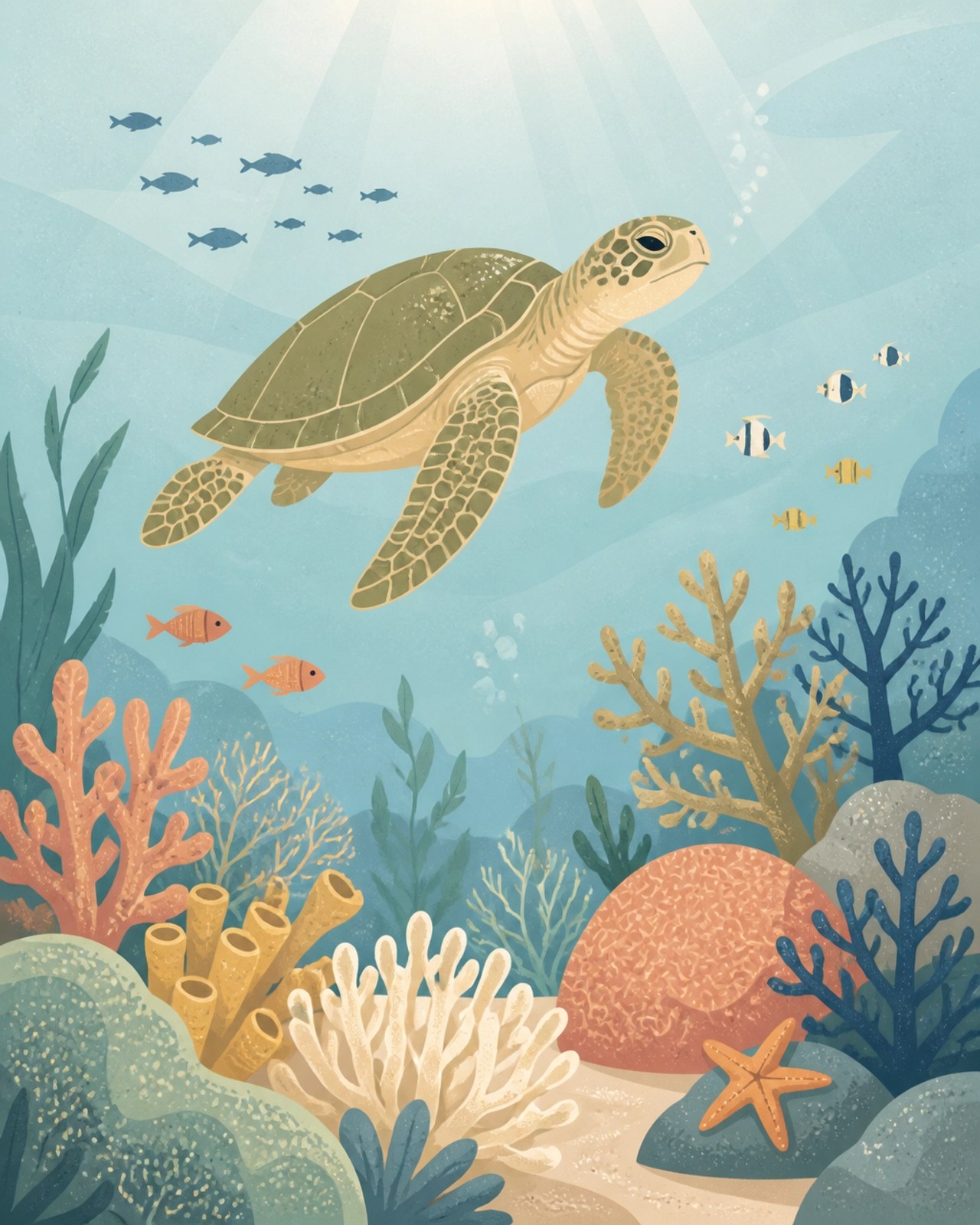 A modern 2D vector illustration of an underwater sea life scene with a sea turtle in soft, muted pastels.