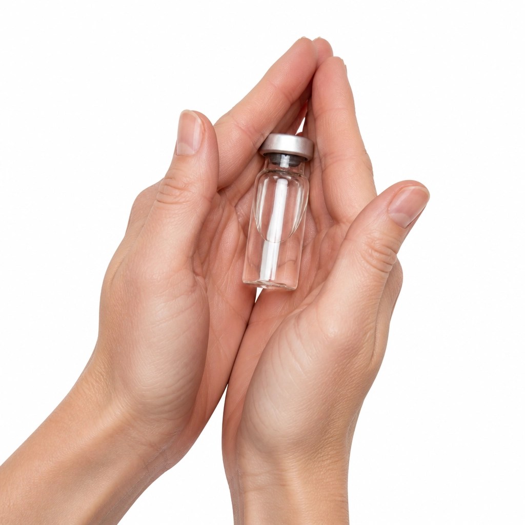 Instructional photo of a vial being rolled between the palms