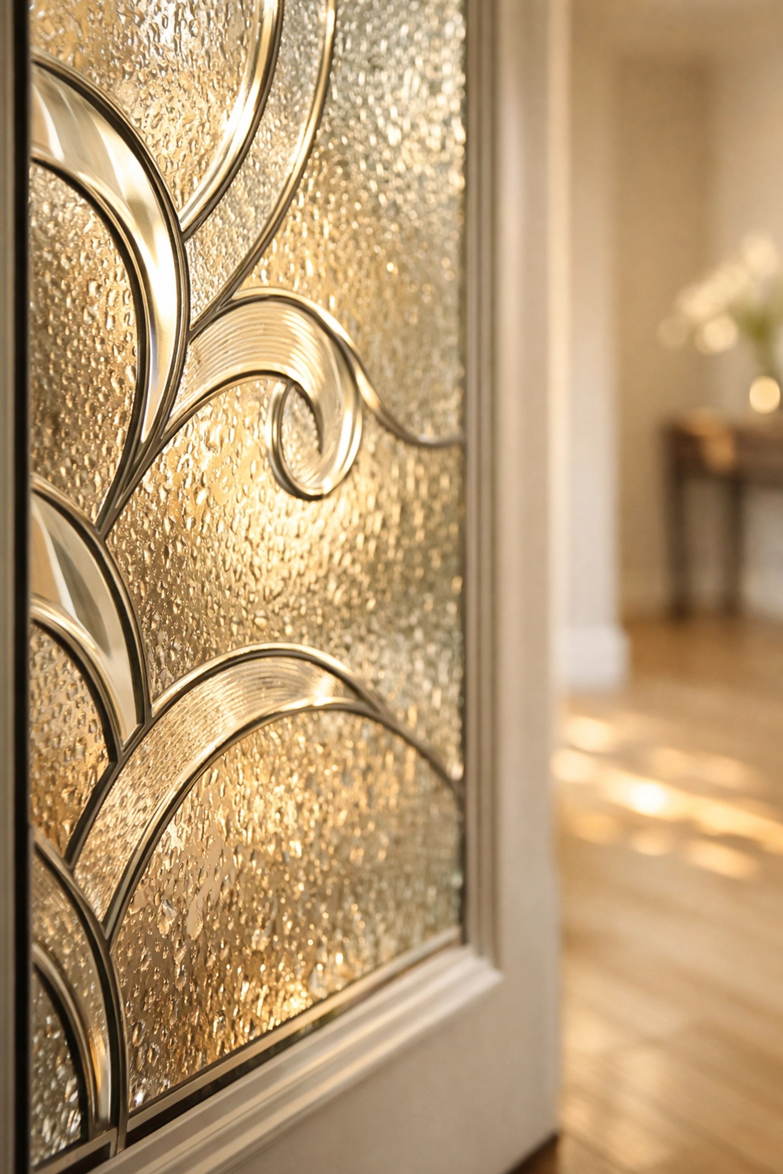 Decorative front door glass insert with textured privacy patterns and warm sunlight in a modern home foyer.