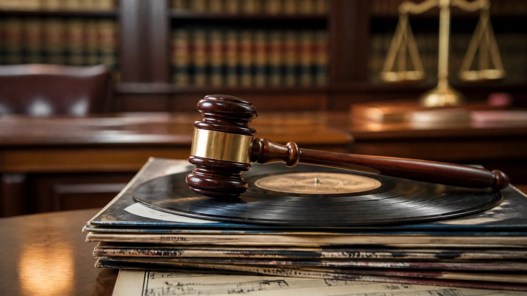 A legal gavel resting on a stack of vinyl records, representing the copyright battle.