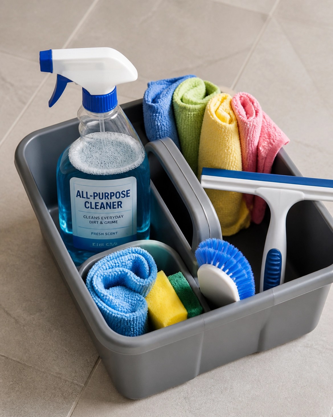 A cleaning caddy filled with organized supplies, including fresh microfiber cloths and spray bottles.