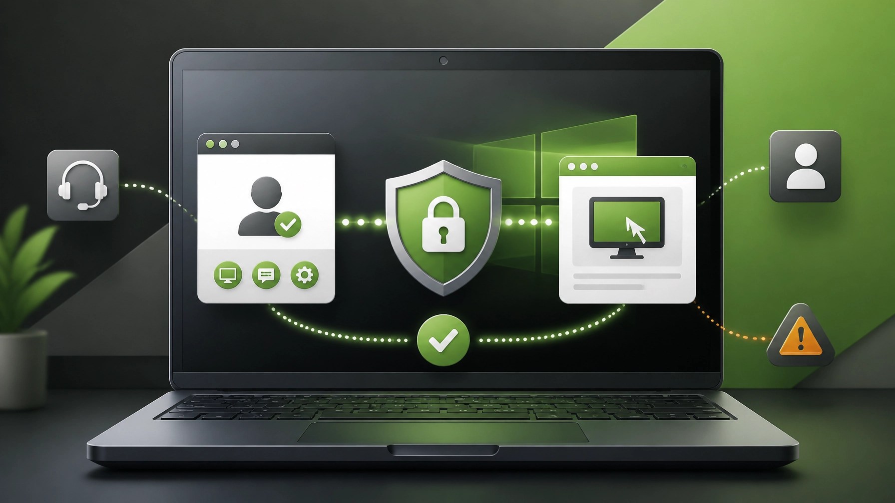 Secure Quick Assist remote support illustration with shield and verified connection