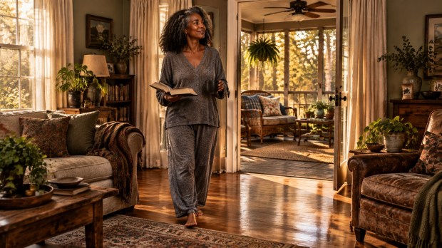 A Black woman walking barefoot from a comfortable living room toward an enclosed back porch with an open book and dark coffee mug, surrounded by warm wood and muted green plants