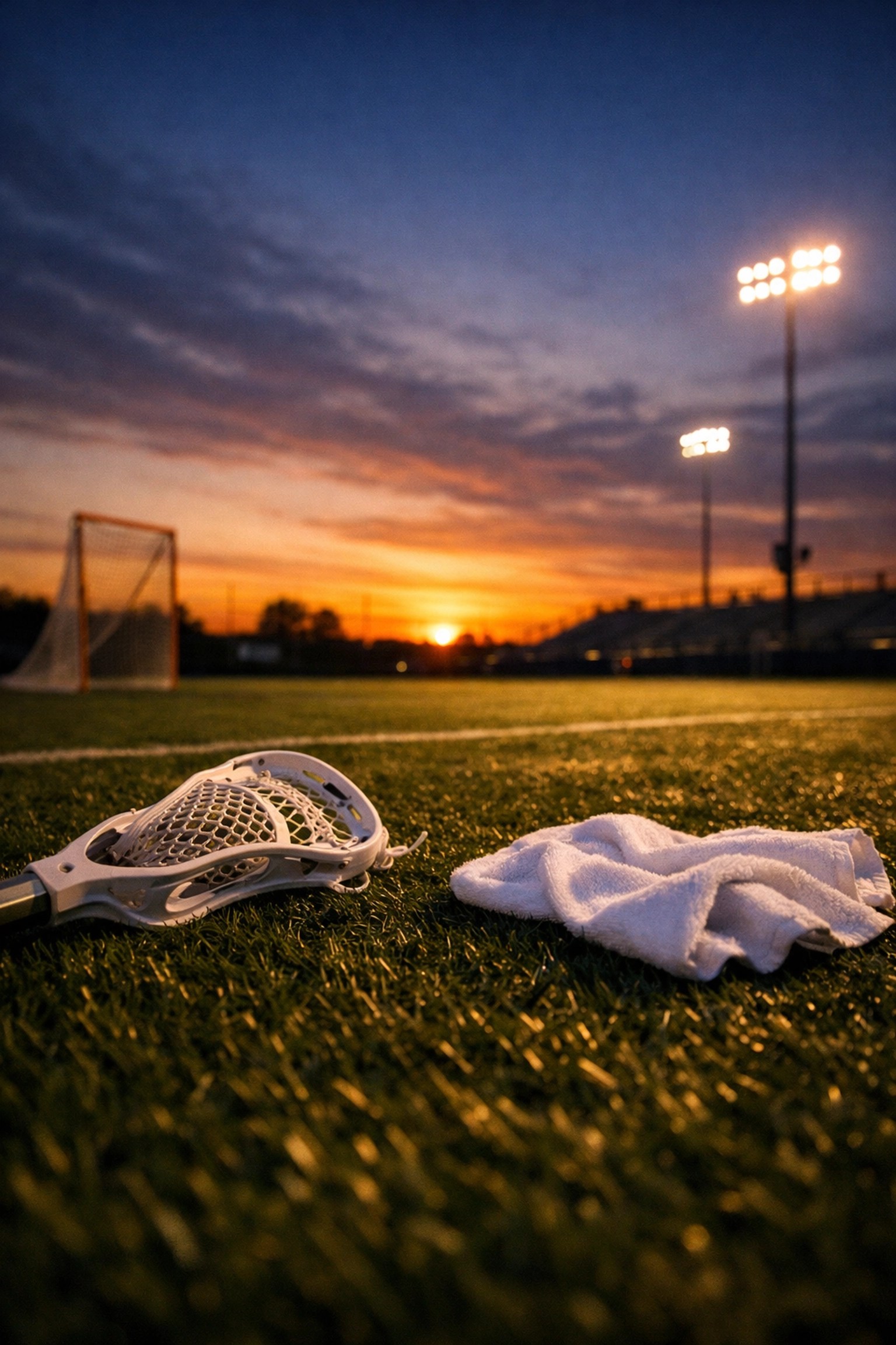 Post-game lacrosse recovery scene with a stick and towel on the grass under a golden sunset sky.