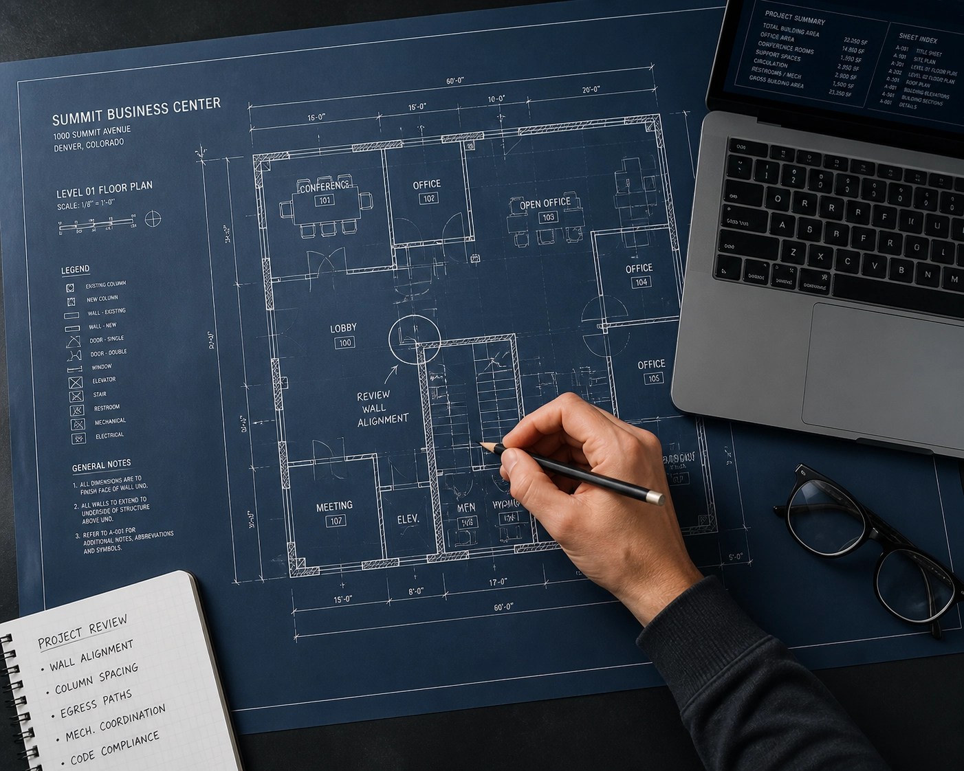 Top-down view of business blueprints and laptop for strategic review of operational workflows.