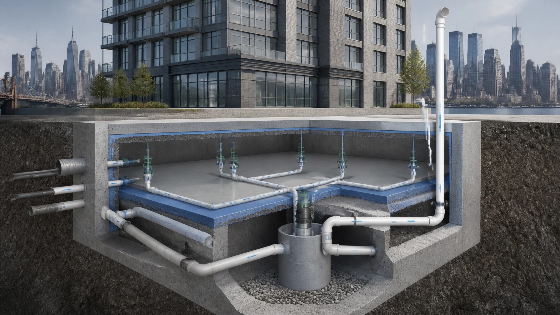 Cutaway engineering visualization of a vapor barrier and sub-slab depressurization system beneath a New York City building