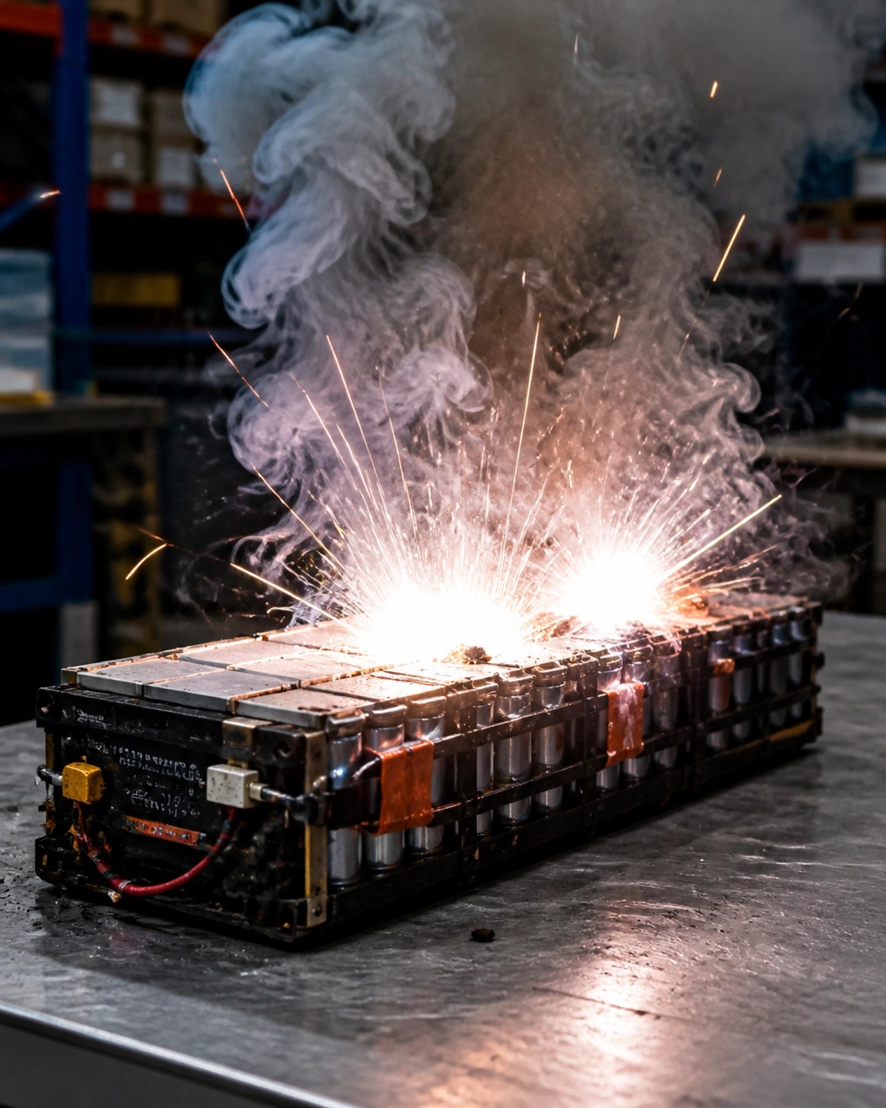 A technical demonstration of a lithium-ion battery pack undergoing thermal runaway with intense sparks and smoke.