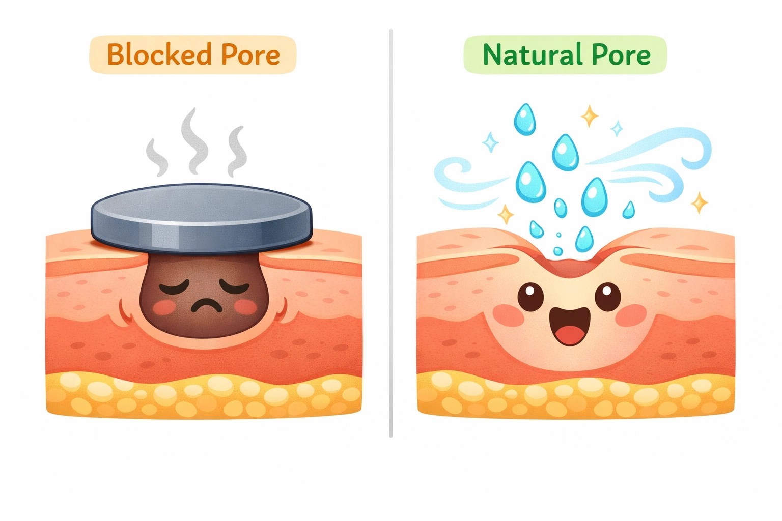 Illustration comparing blocked pores to natural breathing pores with natural deodorant.
