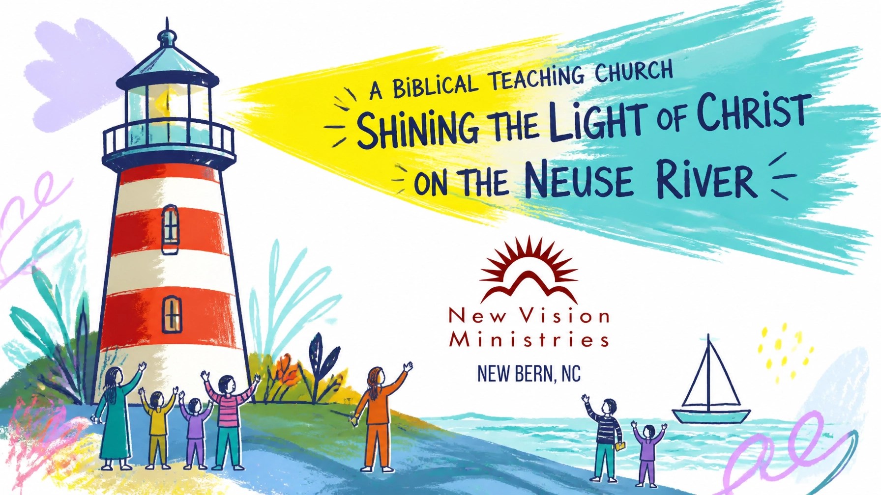 A whimsical illustration of a lighthouse in New Bern symbolizing a biblical teaching church.