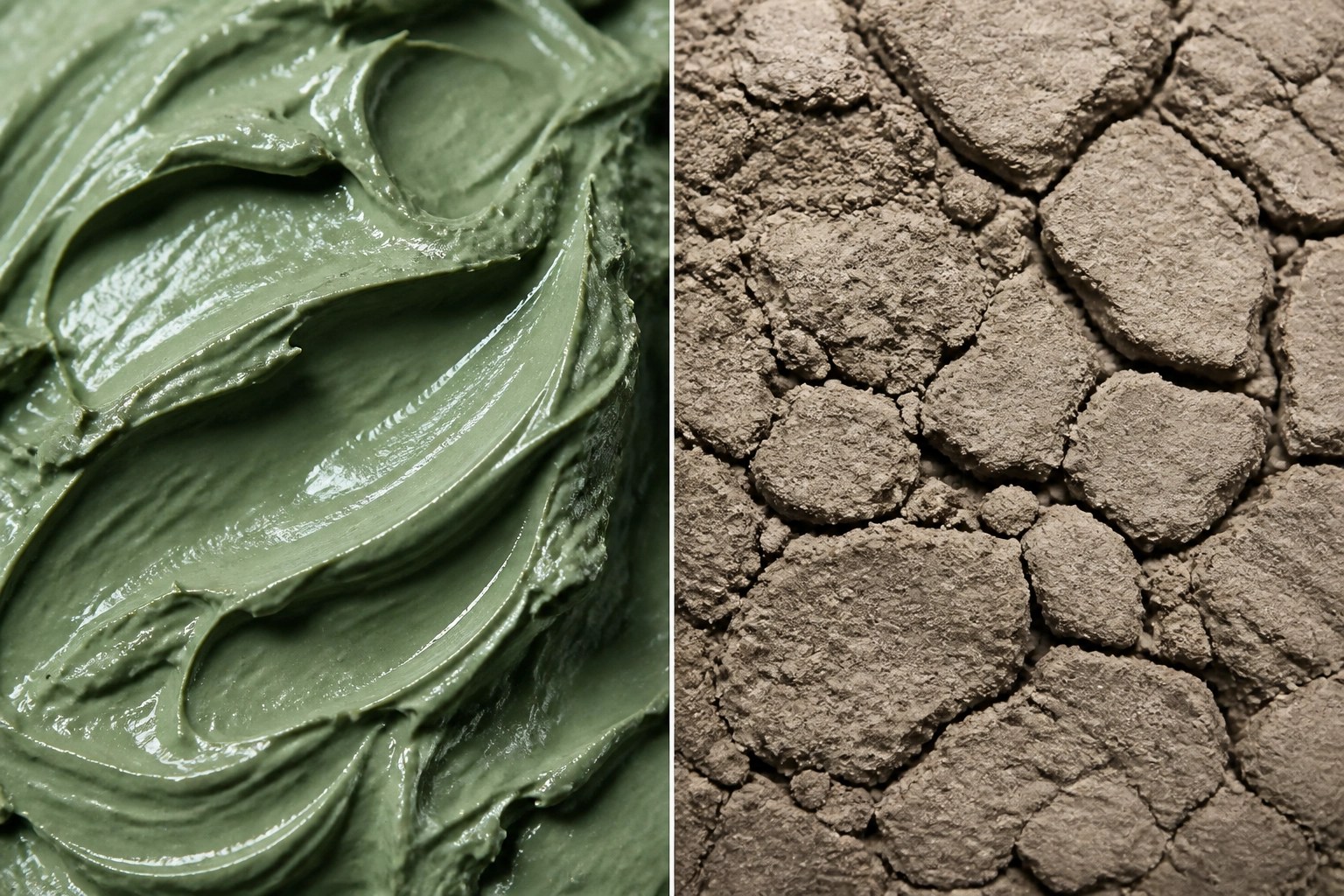 A visual comparison between pure, vibrant green clay paste and low-quality, dry, brownish mud.