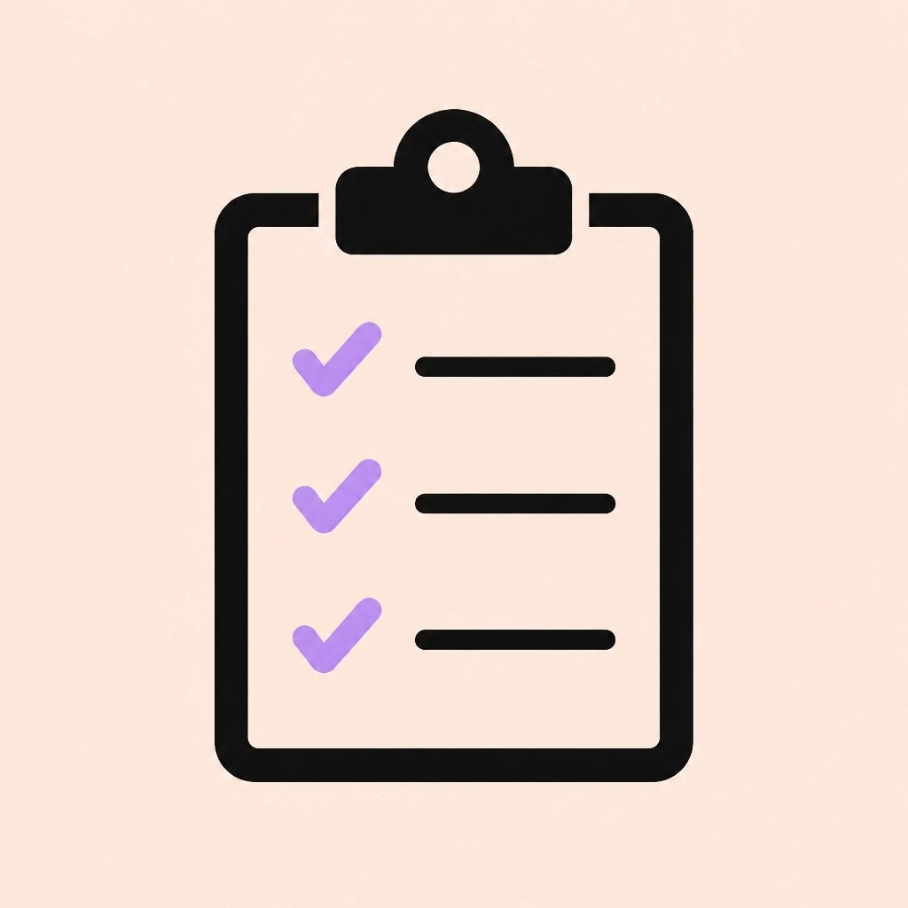 Minimalistic illustration of a medical checklist with purple checkmarks
