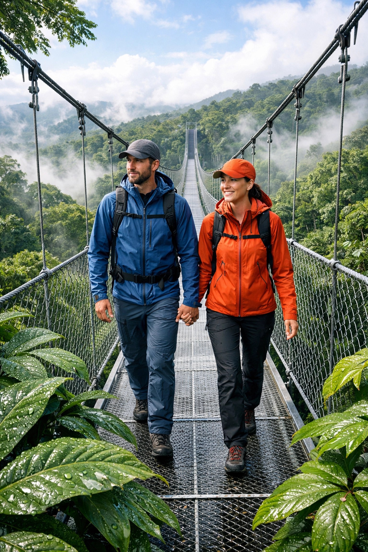 Honeymoon couple walking across a suspension bridge in the Costa Rican cloud forest canopy.