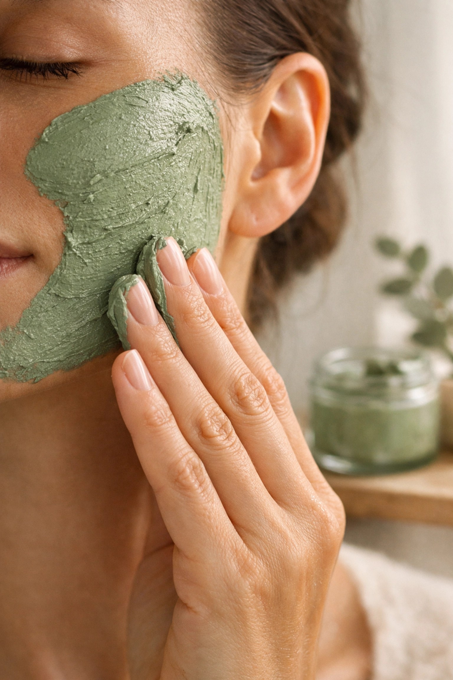 Person applying a thick layer of Clayer #1 green clay mask for deep pore cleansing and skin detox.