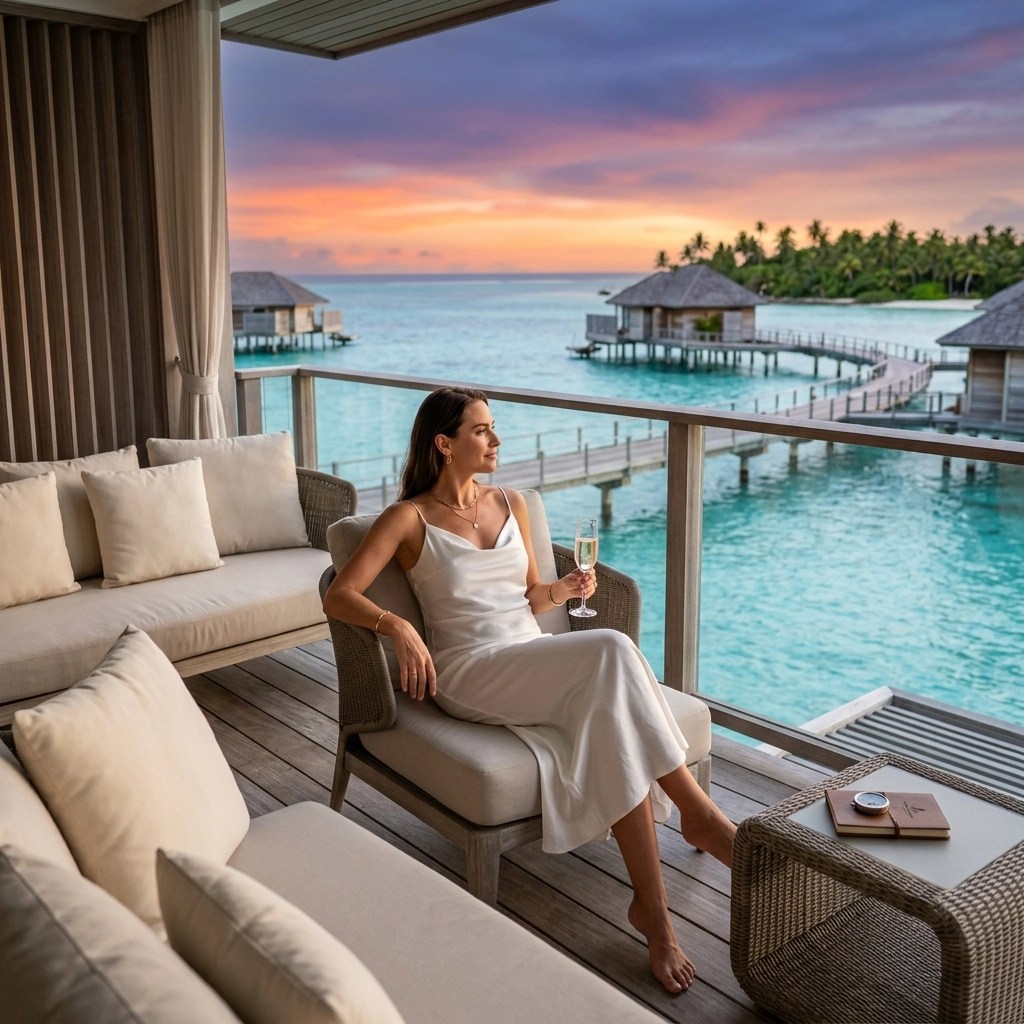 Luxury solo traveler looking out at a tropical sunset - Luxury Lorrie Curated by Cruise Planners