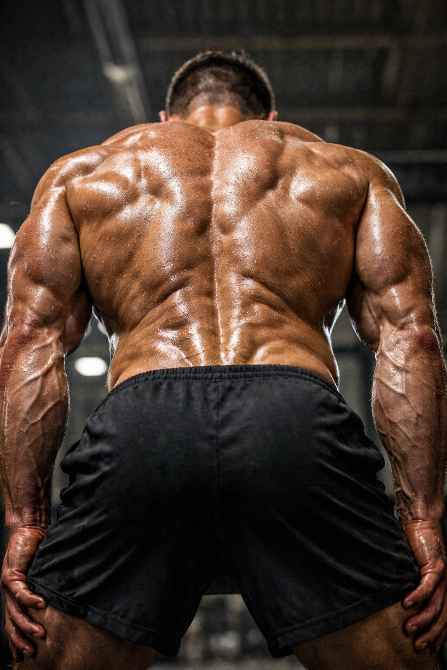 Close-up of contracted latissimus dorsi muscles showing definition and tension during back training.