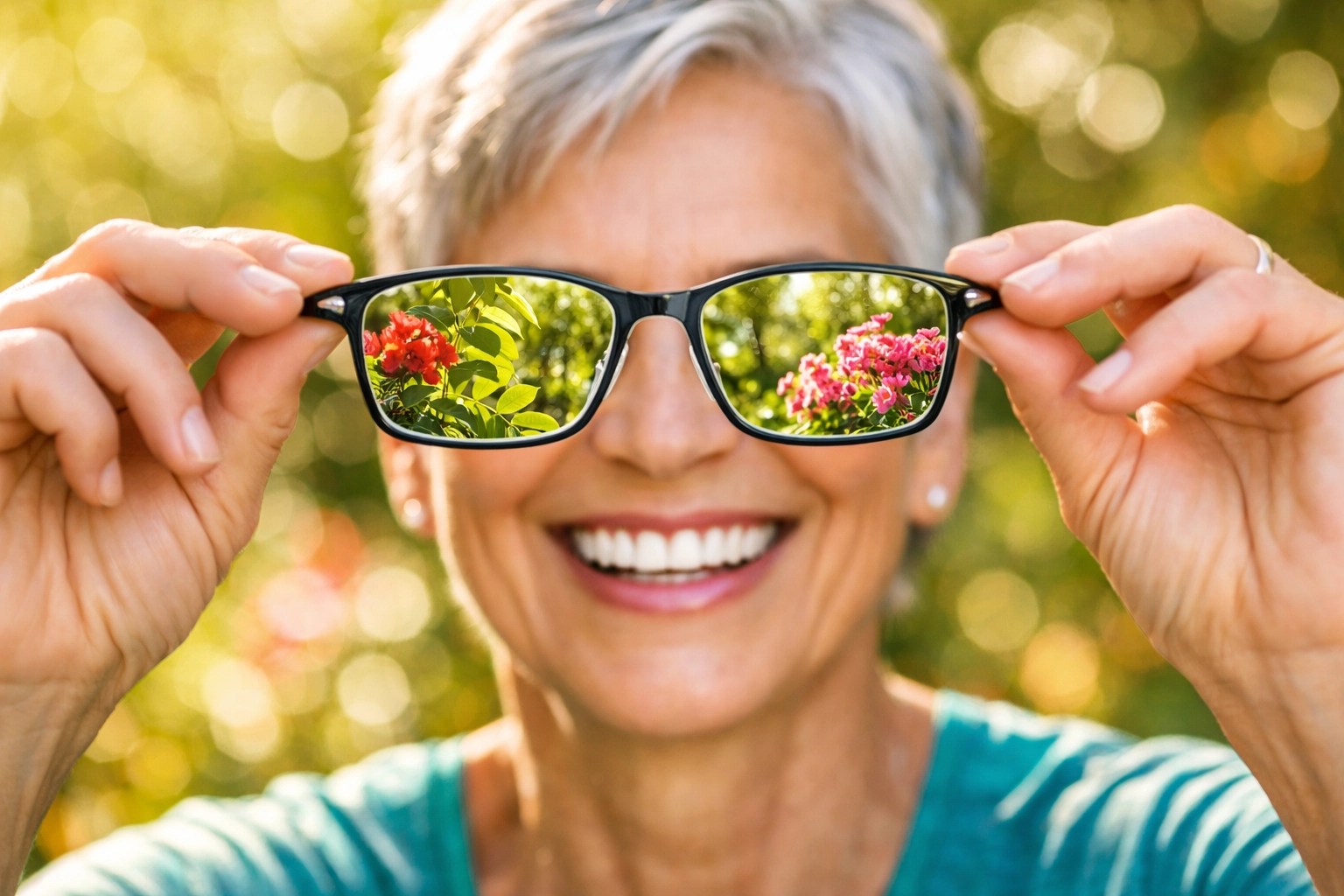 Smiling person holding glasses to represent clear vision and senior dental insurance benefits.