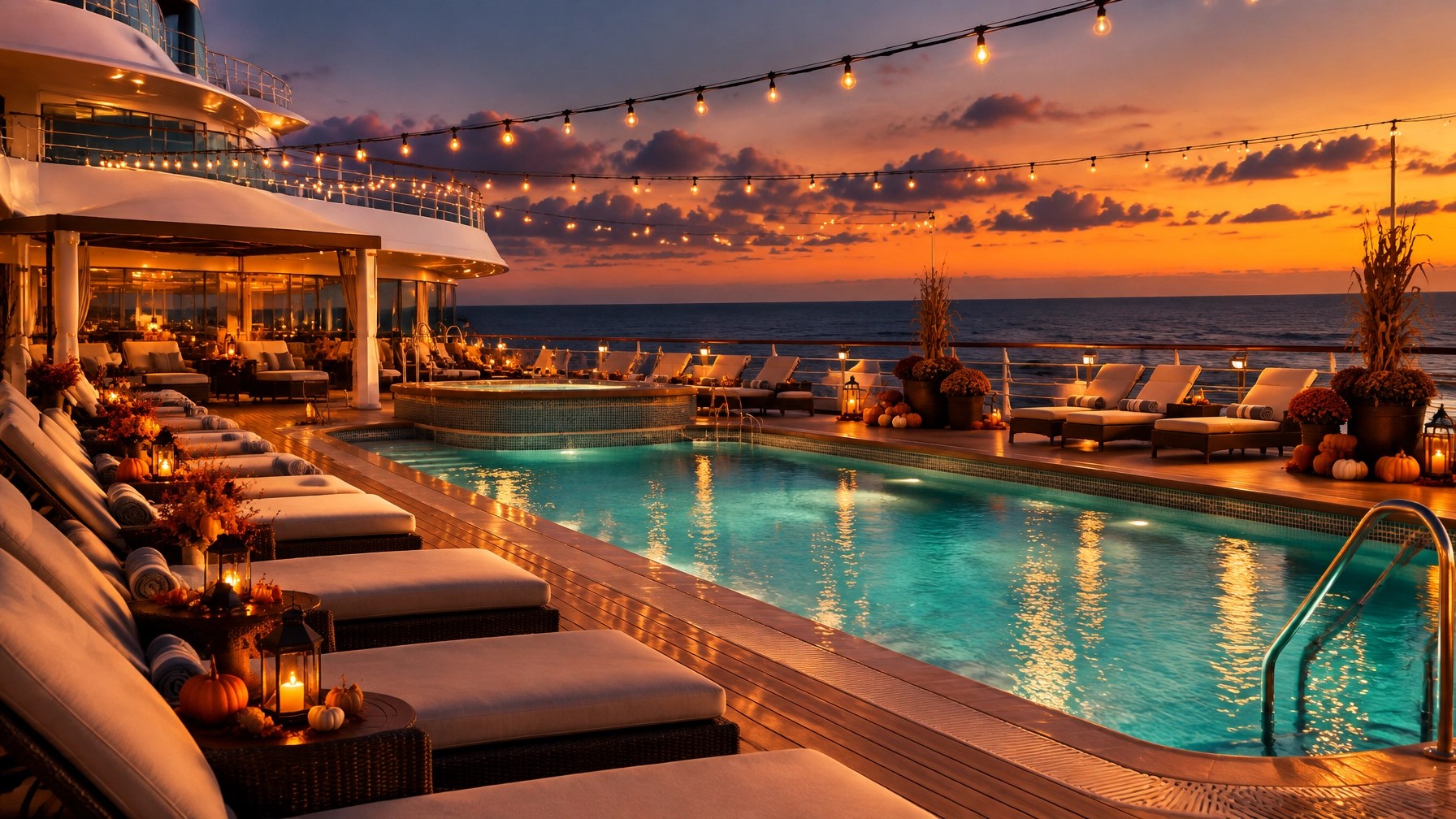 Empty luxury cruise ship deck with warm amber lighting and tasteful Halloween decorations
