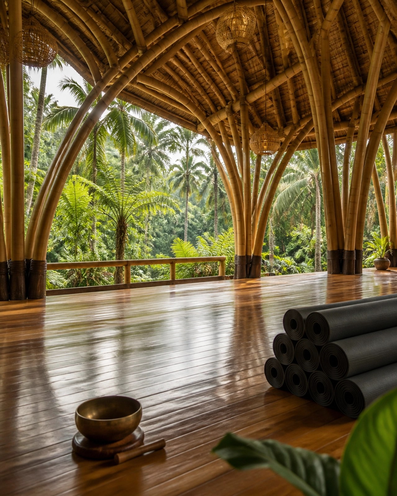 A serene, luxury yoga shala in the heart of the Balinese jungle surrounded by lush tropical ferns and tall palm trees.