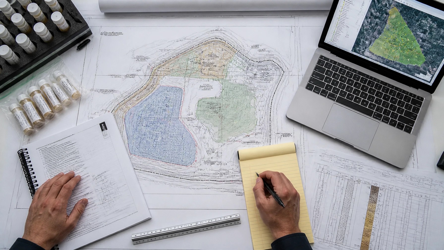 Engineer comparing an approved remedial action work plan with field notes, GIS mapping, and remediation as-built documentation