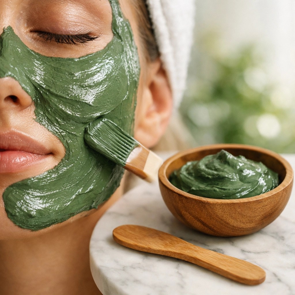 Fresh green clay mask being applied with a wooden spatula to maintain mineral purity.