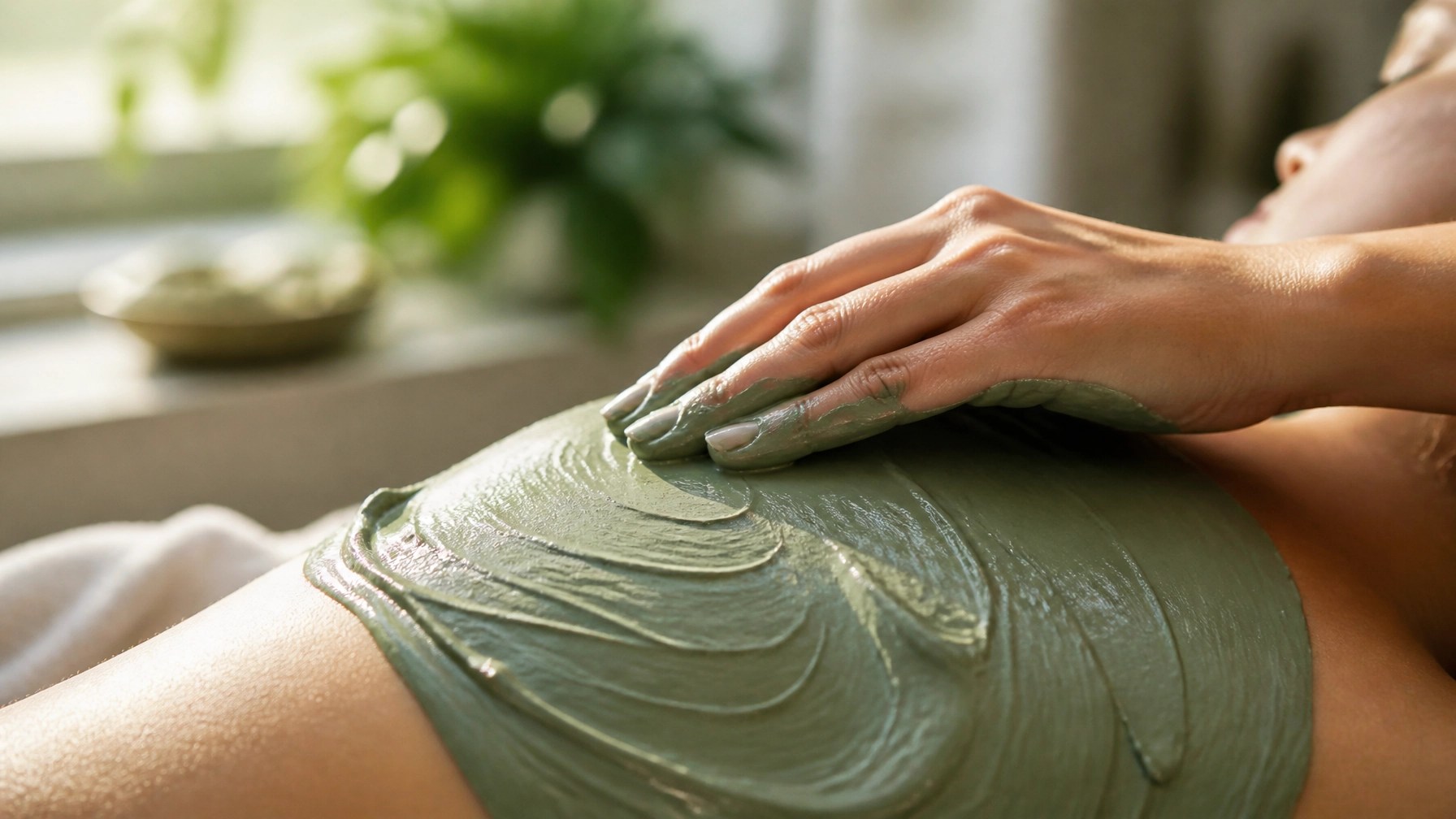 A high-quality, professional hero image for a blog post about natural healing. The scene features a smooth, swirling mixture of rich, forest-green mineral clay being applied to a person's skin in a spa-like setting.
