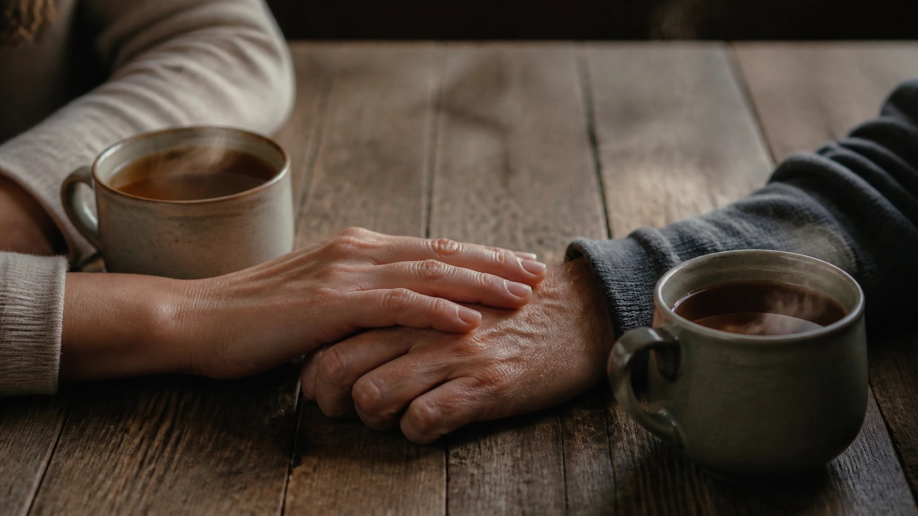 Close-up of two people's hands on a rustic wooden table, representing the grounding power of human connection.