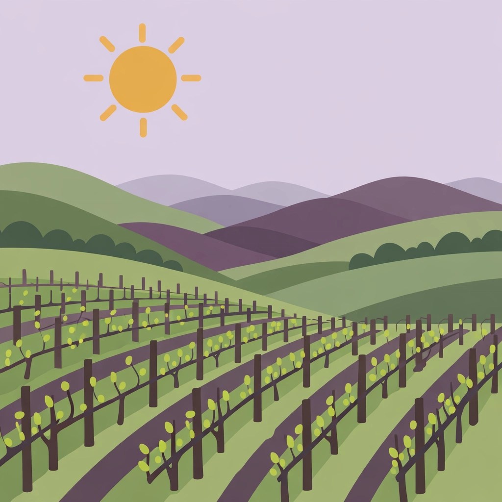 Minimalist illustration of early spring grapevines on rolling Loudoun County hills.