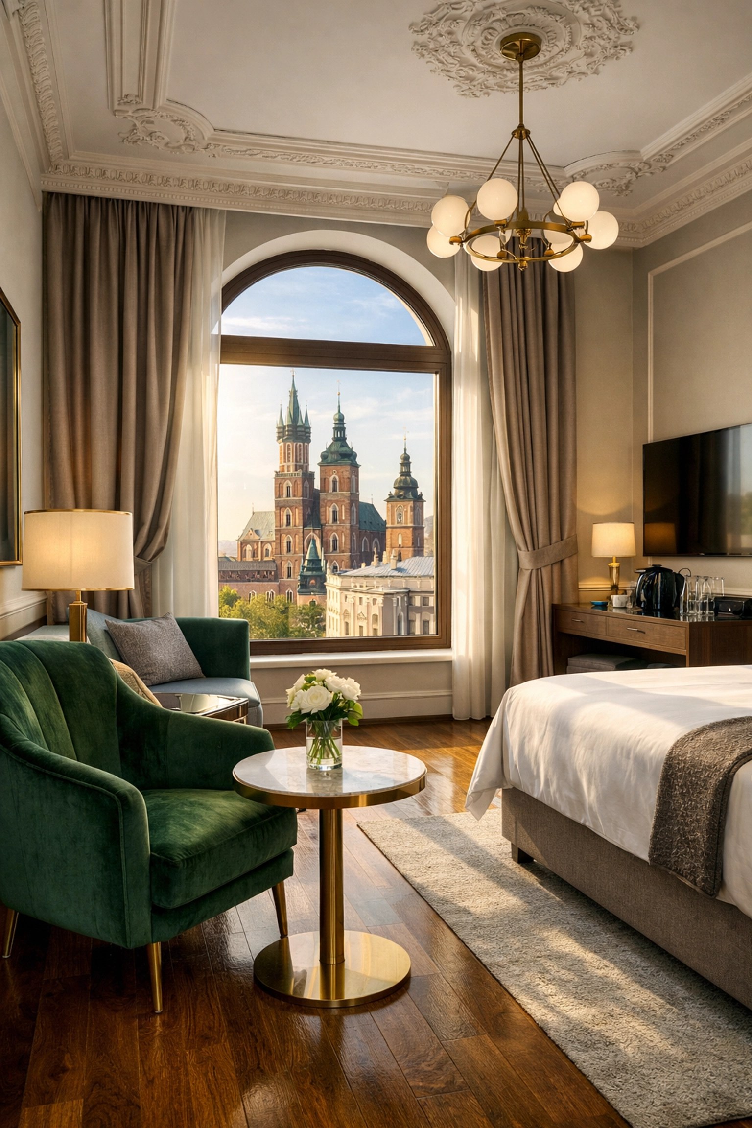 Luxury boutique hotel suite in Krakow with high ceilings and a view of historic Old Town spires.