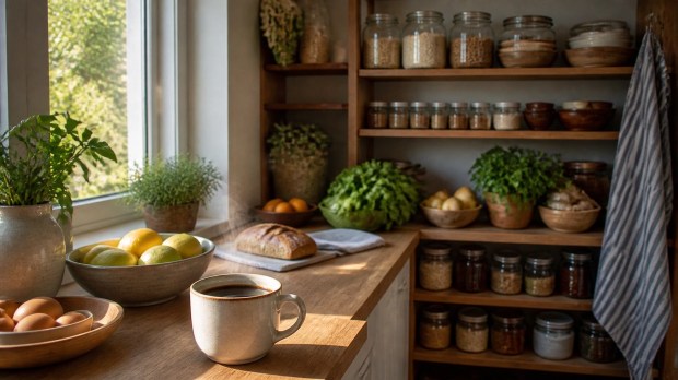A stocked kitchen counter with coffee, pantry staples, produce, and warm natural light