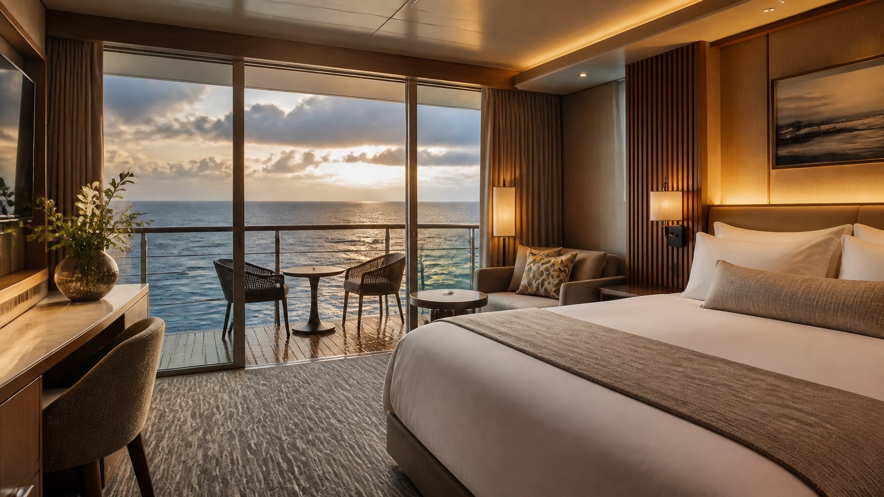 Elegant empty cruise balcony suite overlooking a calm ocean after rain