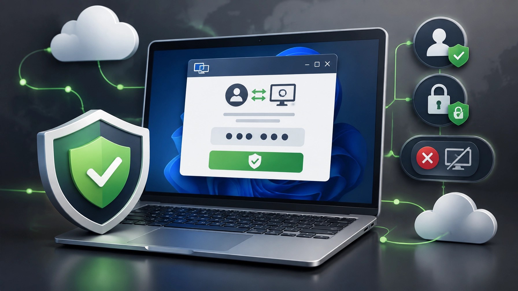 Modern 3D cybersecurity illustration showing secure remote assistance, a one-time code, MFA lock, verified helper, and disconnect control