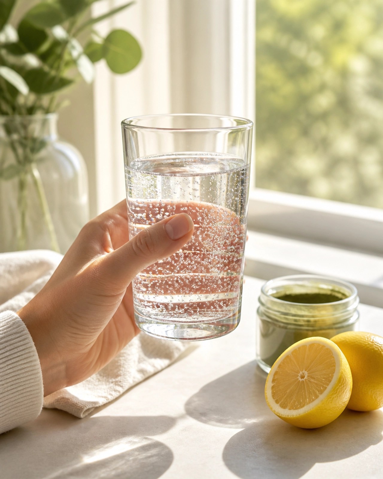A person holding a glass of water, emphasizing the importance of hydration during a mold detox protocol.