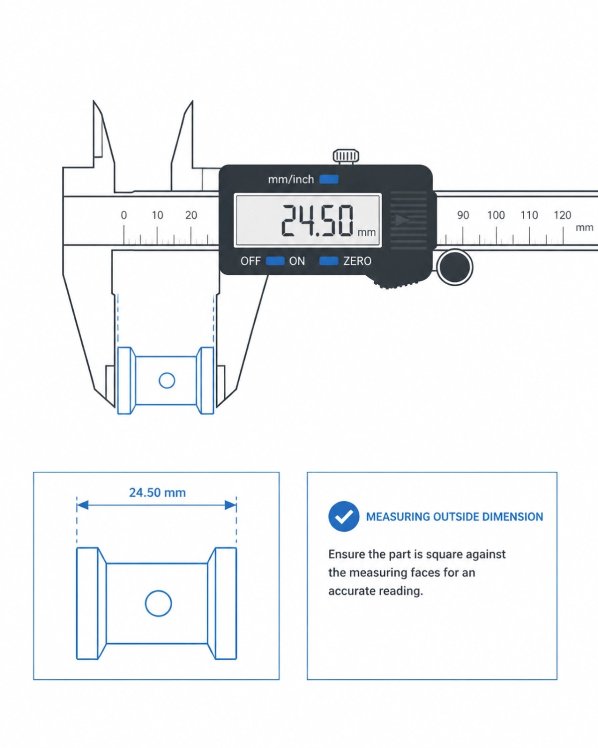 A minimalist technical illustration of digital calipers measuring a small mechanical part