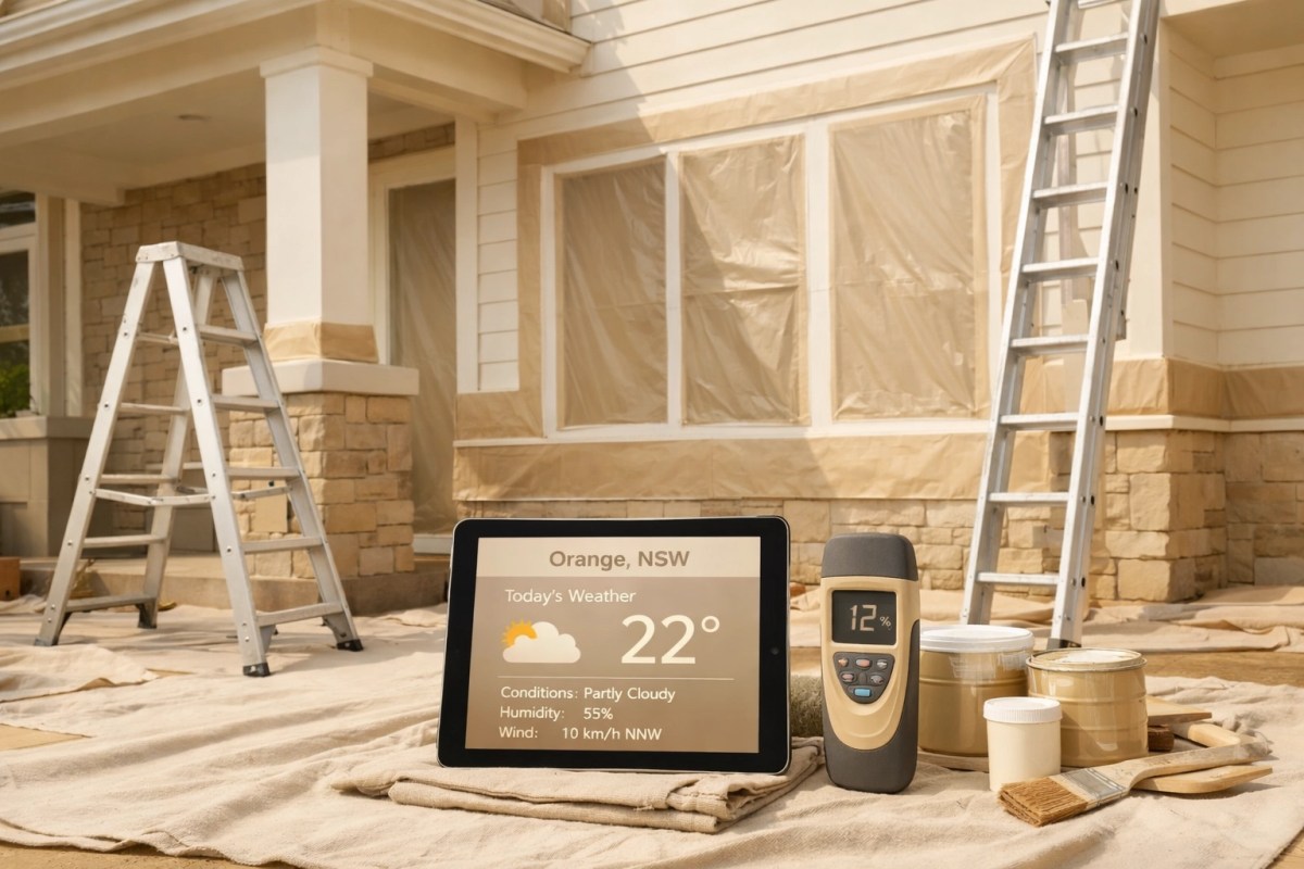Exterior painting setup with weather planning tools at a residential property