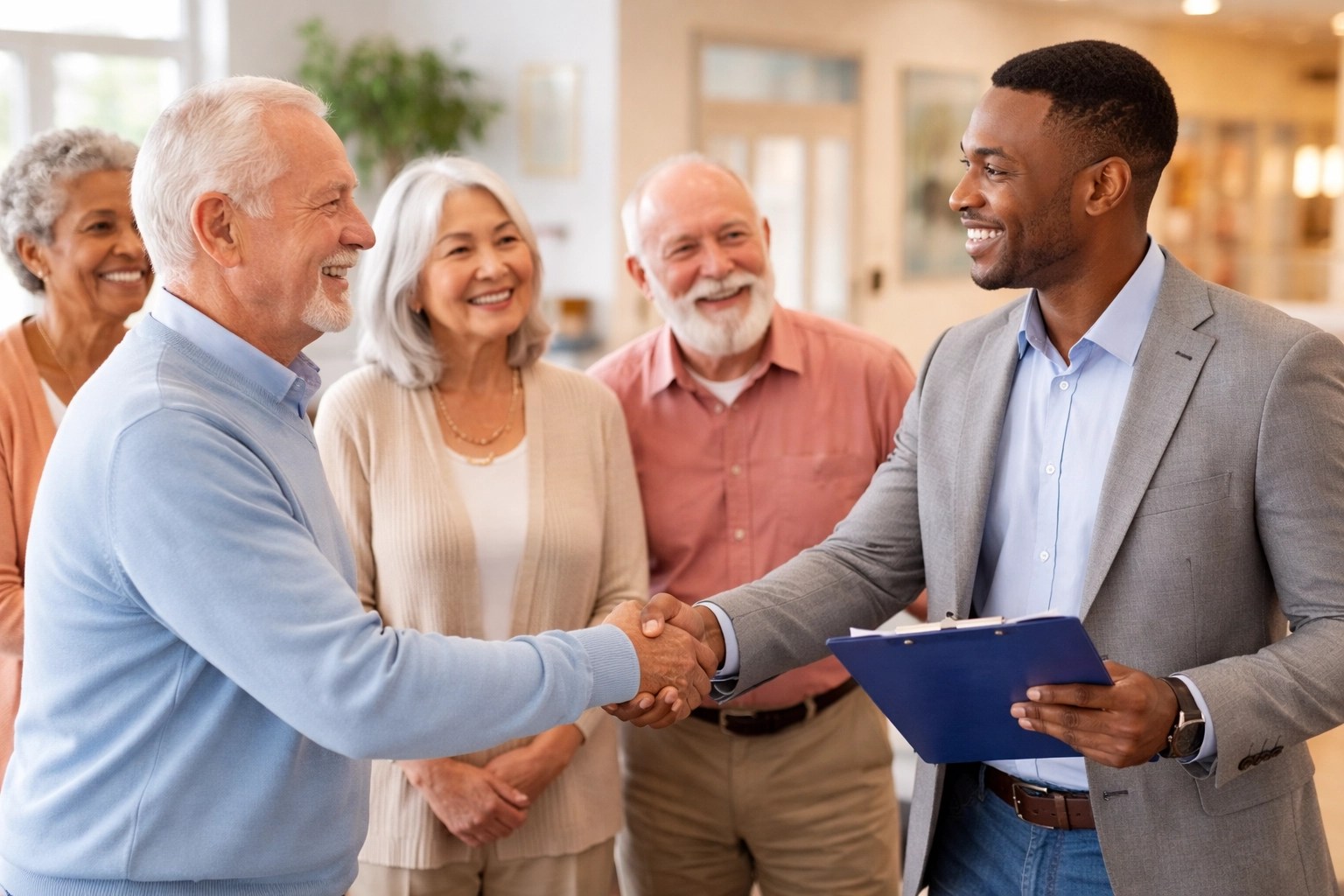 Group of seniors meeting with an insurance agent at a community center to discuss Medicare Special Enrollment Periods.