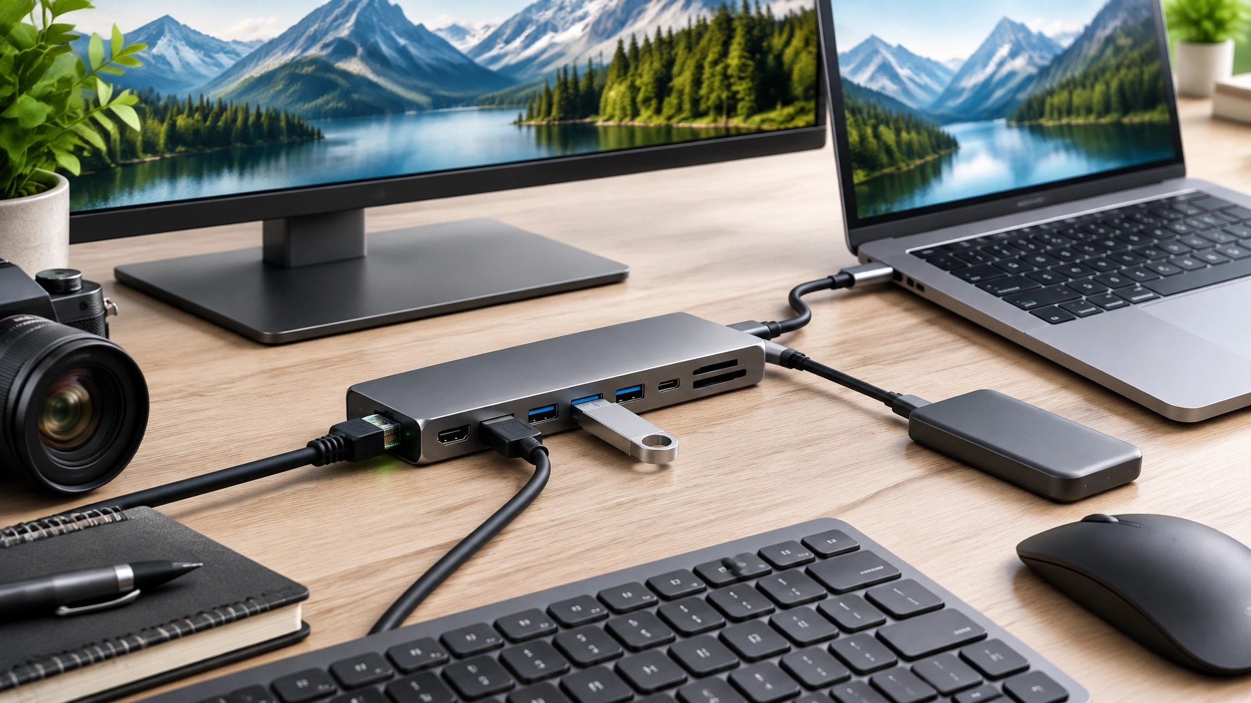 Compact USB-C hub connected to a laptop and monitor on a tidy desk, with a wired Ethernet cable