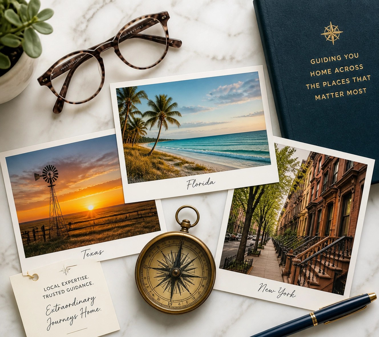 Photos of Florida, Texas, and New York with a compass, representing regional final expense insurance guidance.