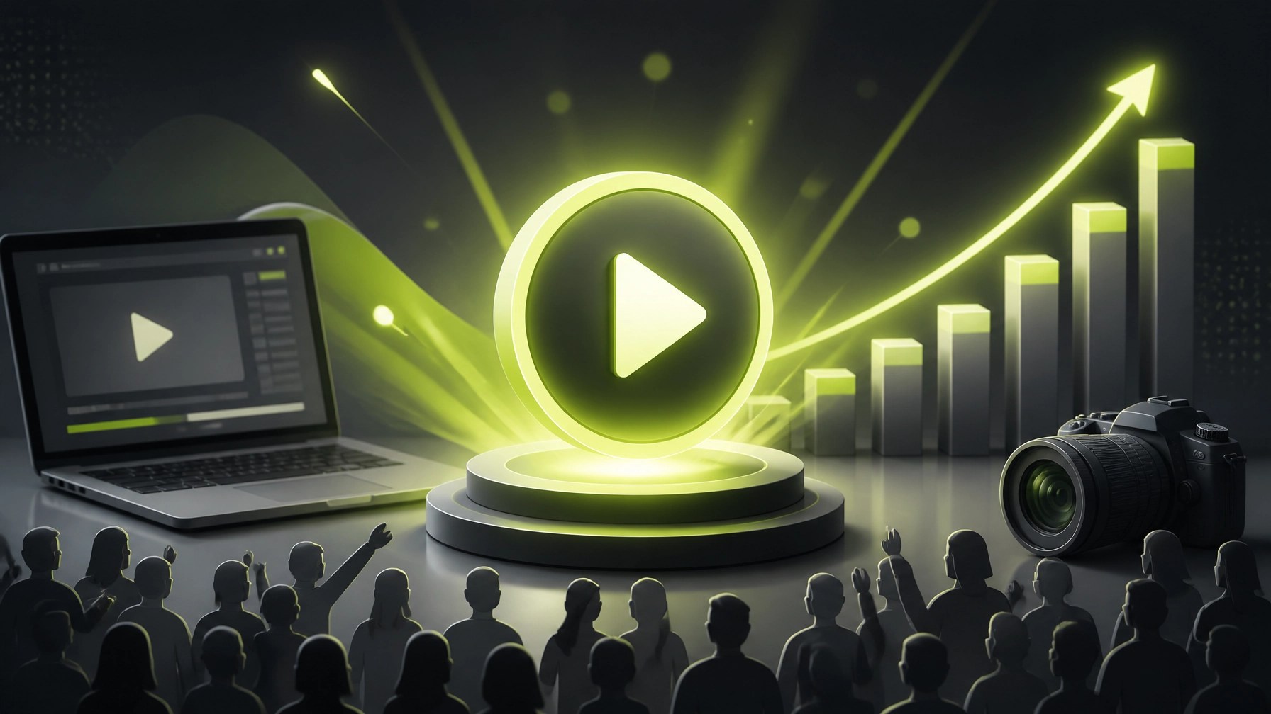 Modern 3D illustration celebrating a creator milestone with a glowing play button, audience silhouettes, camera, laptop, and rising view bars