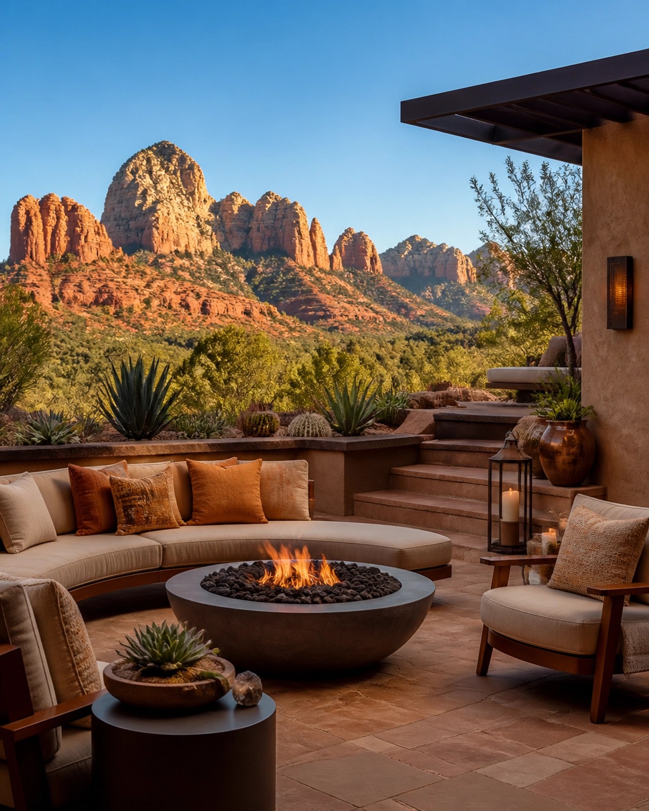 A luxury desert resort patio in Sedona, Arizona, featuring red rock formations and a contemporary fire pit.