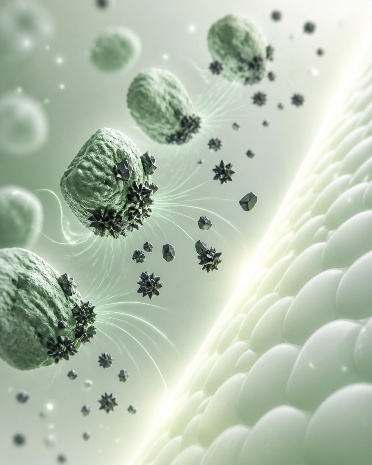 Visual representation of clay particles binding to toxins