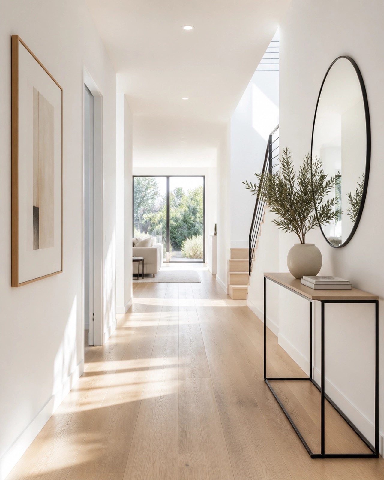 A bright and airy hallway in a modern home with polished wood floors and soft sunlight.