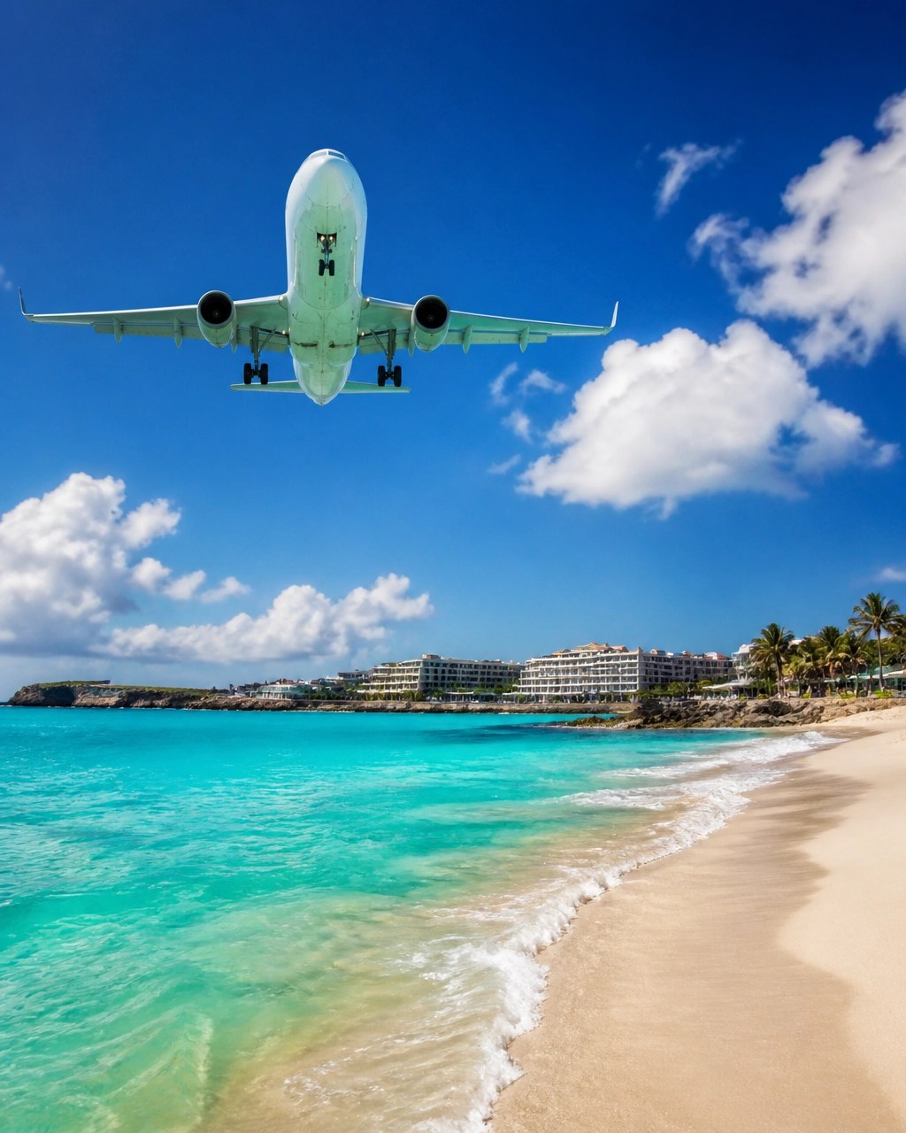 Airplane flying above the shoreline at Maho Beach in St. Maarten