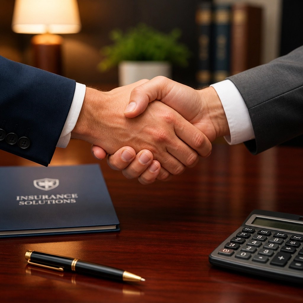 An independent insurance expert shaking hands with a client to represent trust and personalized guidance