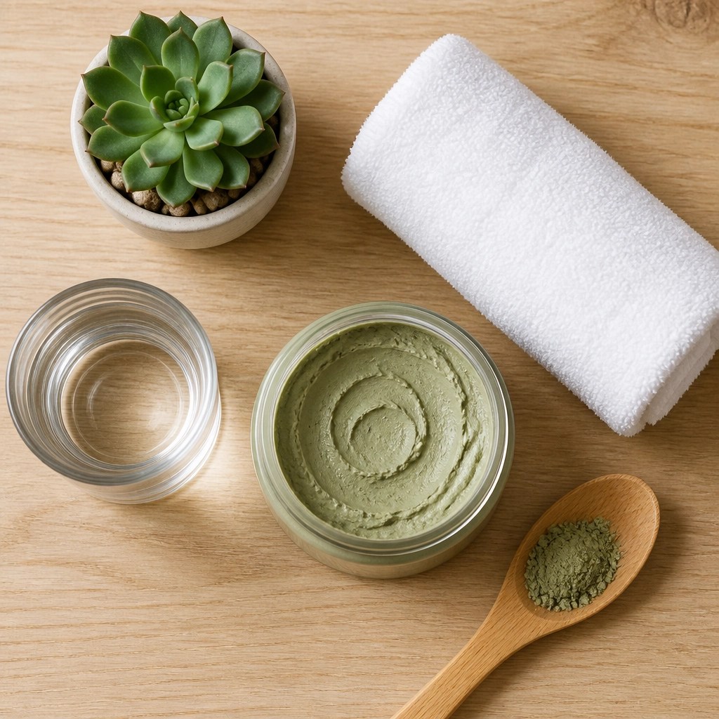 Flat lay of an athlete's green clay recovery kit