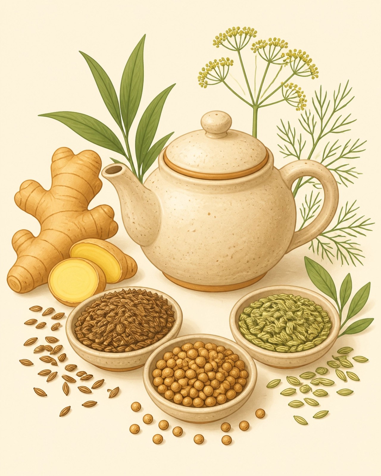 Ilustración de ingredientes ayurvédicos: jengibre, hinojo y comino